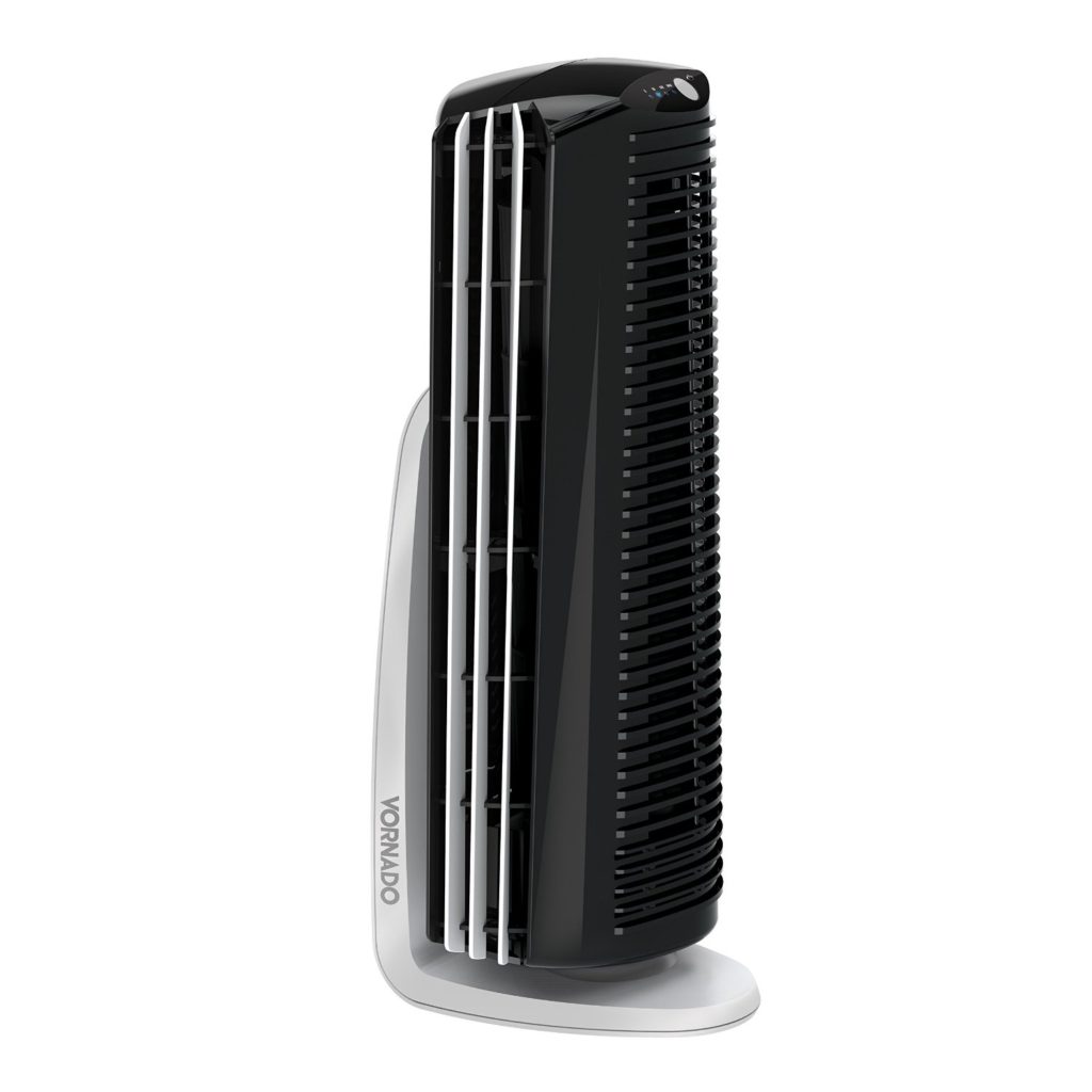 A white air purifier on a white background.