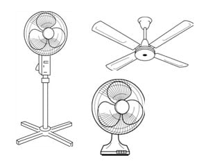 A drawing of a fan and a stand on a white background showcasing different types.