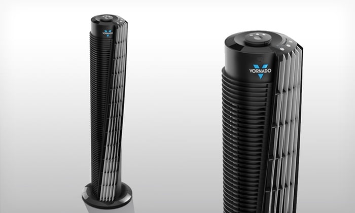 A black and white Vornado 184 air purifier is shown next to a white one.