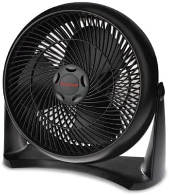 A black fan on a white background.