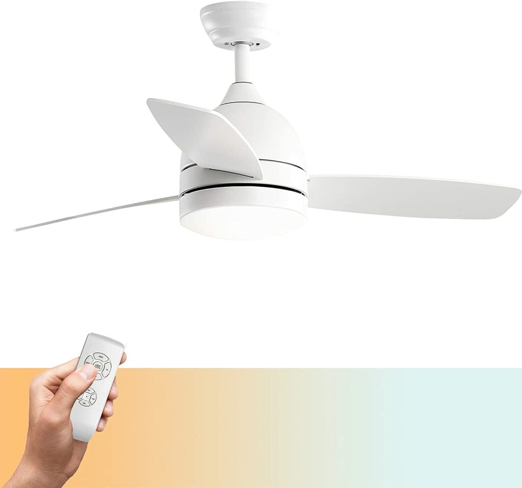 A person is holding a remote to a ceiling fan.