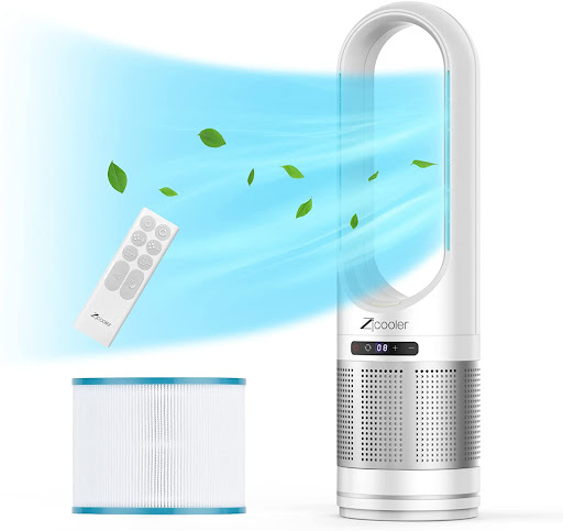 An air purifier with a remote control.