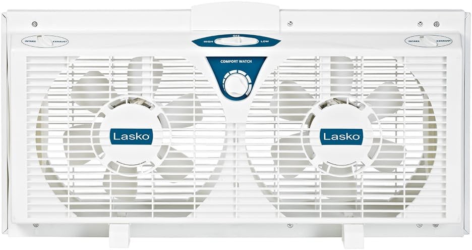 A quiet white fan with two blades designed for window use.