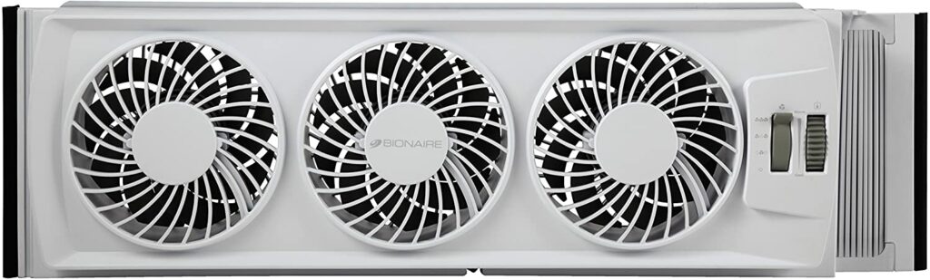 A white kitchen fan with three blades, designed to be the quietest.