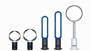 Four different types of air conditioners are shown on a white background, including Dyson Bladeless Fans.