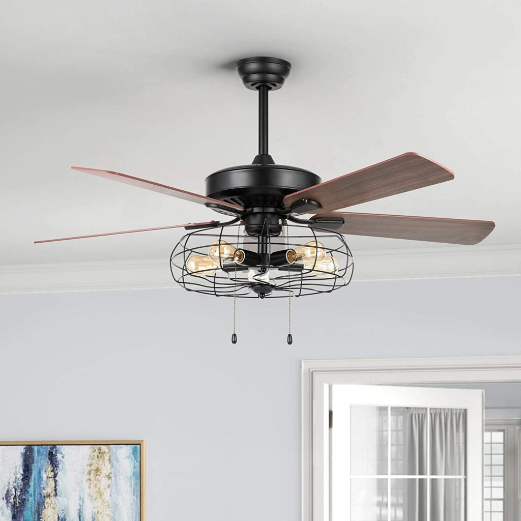 A ceiling fan in a living room with two blades.