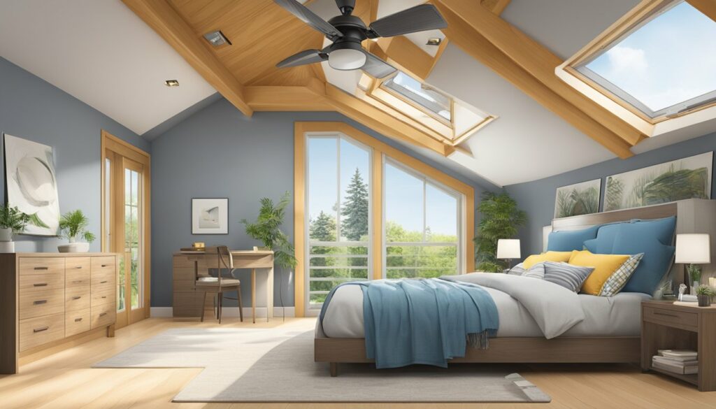 A bedroom with a vaulted ceiling and skylights.