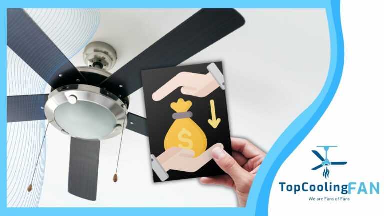 A hand holding a money bag in front of a ceiling fan demonstrating optimization.