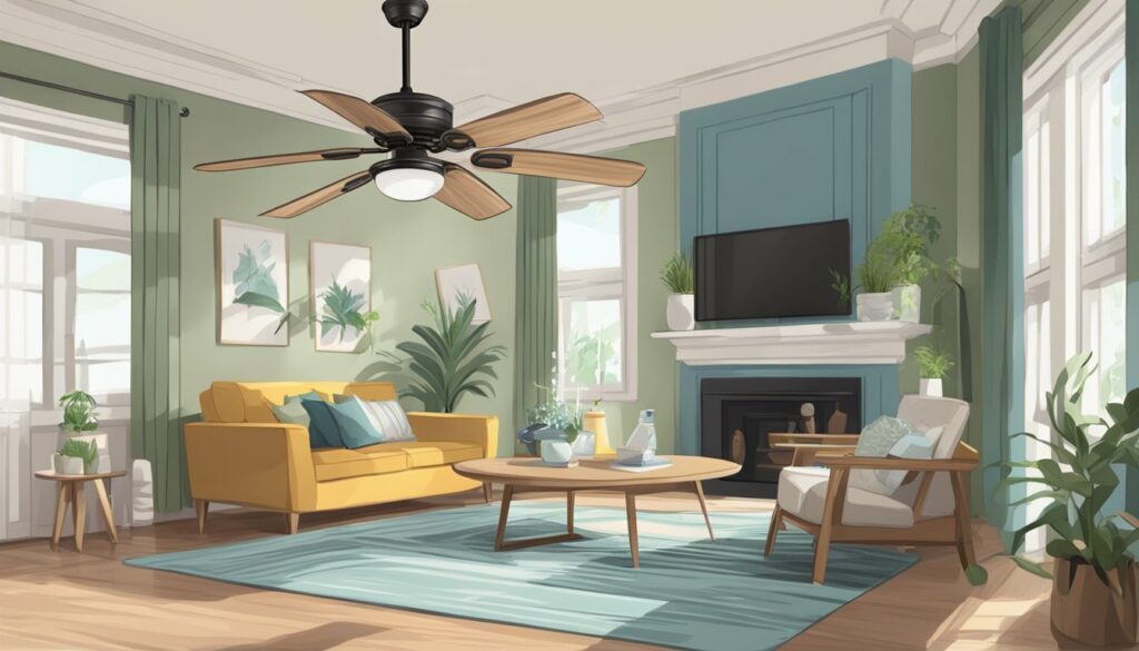 A living room with green walls and a ceiling fan.