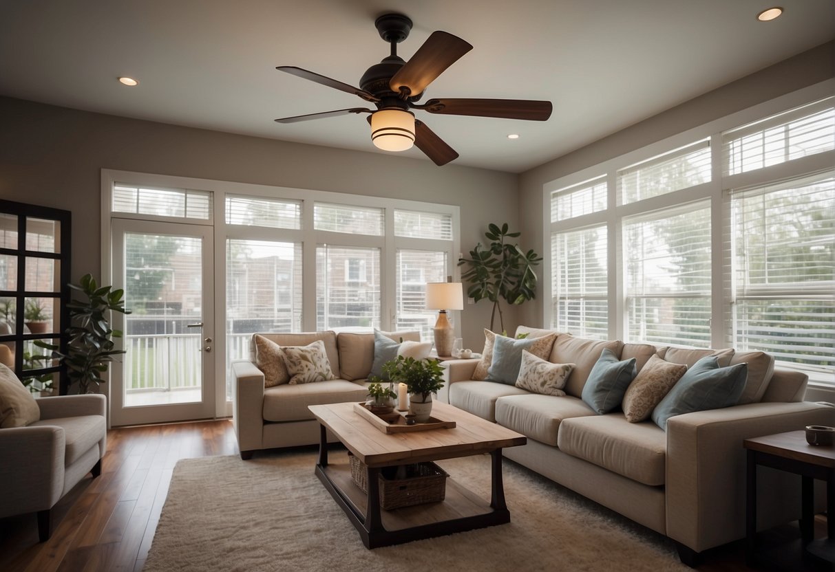 A cozy living room with a ceiling fan set to rotate counterclockwise, creating a gentle breeze and maximizing comfort in the space