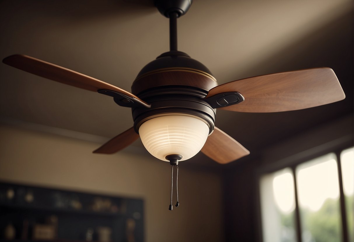 A ceiling fan spins clockwise in a warm, dimly lit room, circulating air downward to provide a gentle breeze
