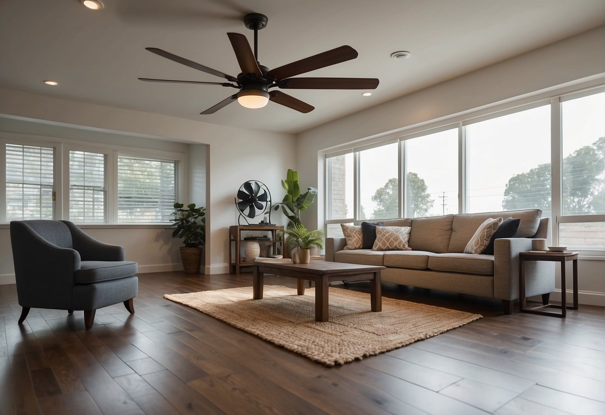 A room with a ceiling fan and a floor fan positioned strategically to optimize airflow. The ceiling fan rotates counterclockwise, while the floor fan is angled to push air towards the center of the room