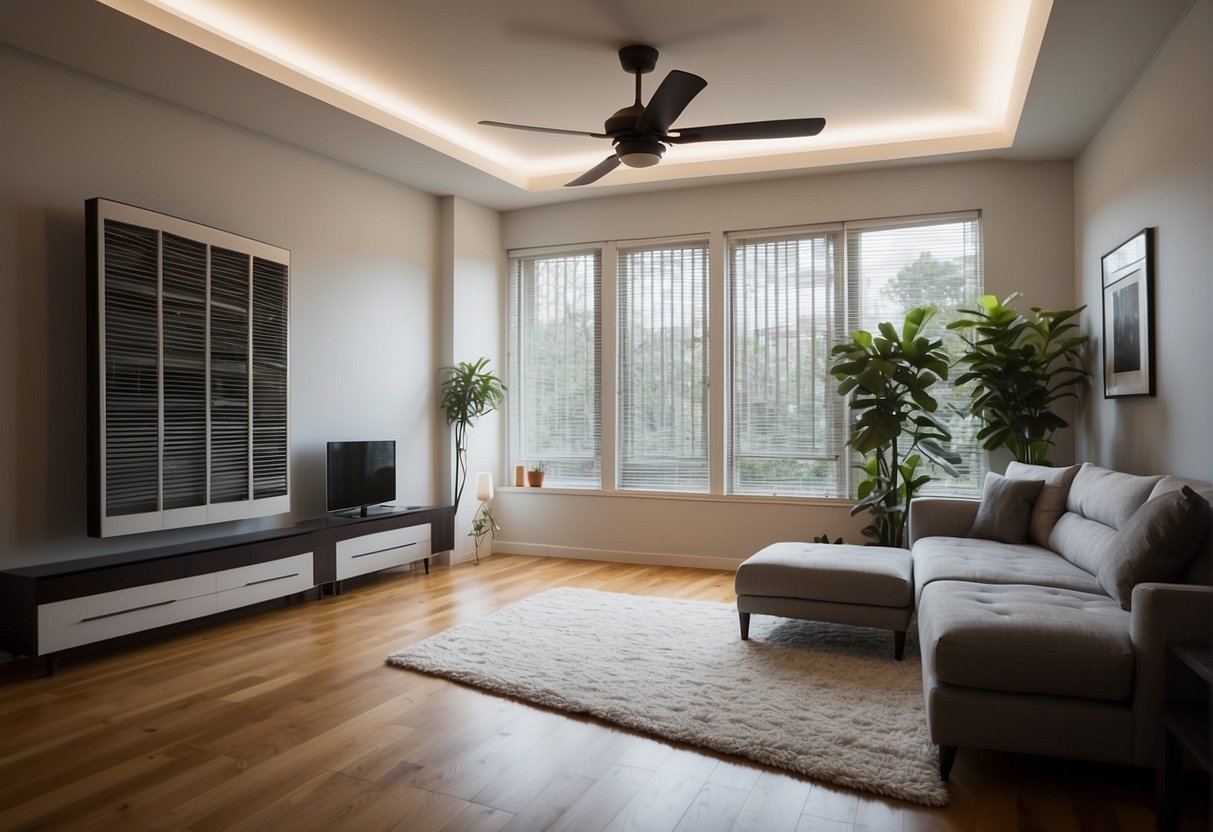 A room with various fan placements to show optimal airflow. Different spaces like a bedroom, living room, and kitchen are depicted with fans positioned strategically for cooling