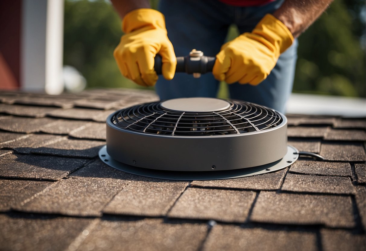 An attic fan is being installed on the roof of a house. A person is using tools to secure the fan in place and connect it to the electrical system