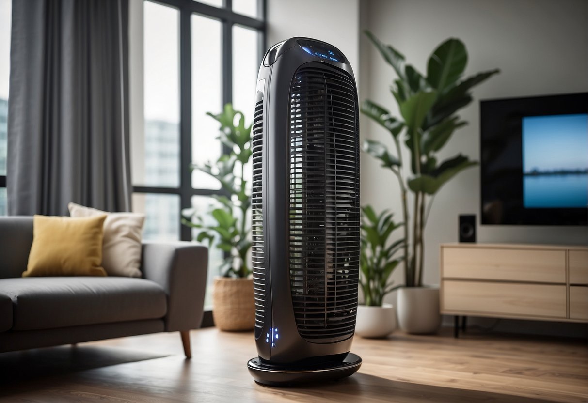 A tower fan sits in a modern living room, with a sleek design and digital display. It is surrounded by various electronic devices, showcasing its compatibility with modern technologies
