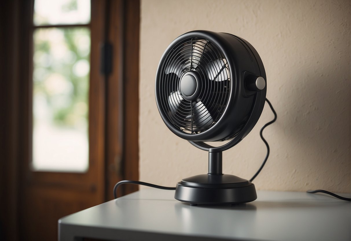 A spinning electric fan with a power cord plugged into a wall outlet
