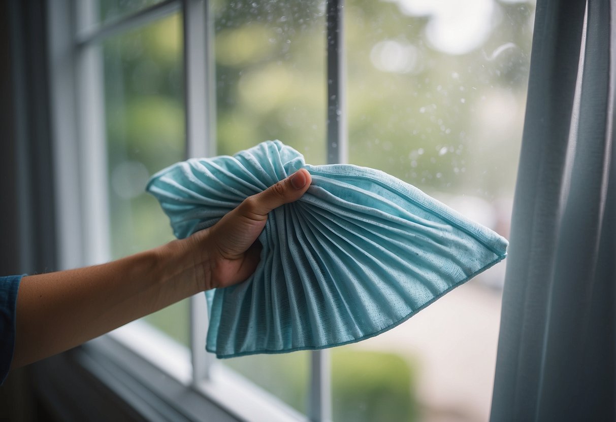 A hand holding a damp cloth wipes the grills and blades of a window fan. Another hand uses a vacuum to remove dust from the fan's motor and interior