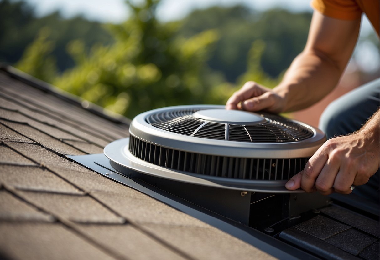 A person mounts an attic fan on the gable vent, securing it with screws and connecting the electrical wiring to the power source