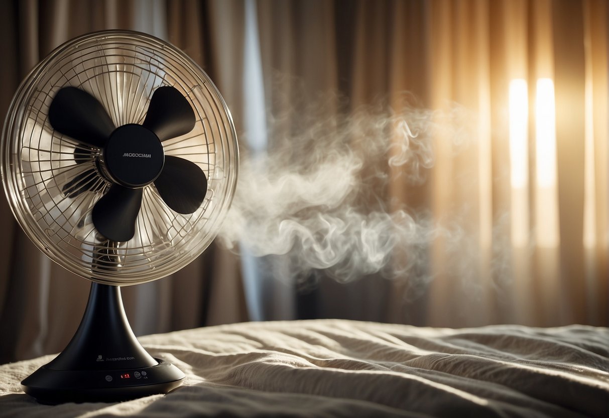 A fan blows cool air over a rumpled bed, curtains billowing