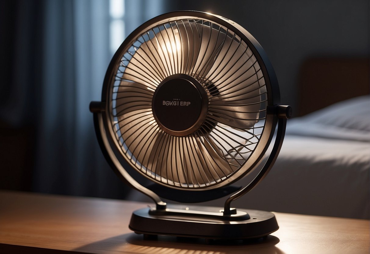 A fan placed on a bedside table, clean and well-maintained. A small brush and cloth nearby for dusting. The room is dimly lit, with the fan casting a gentle breeze