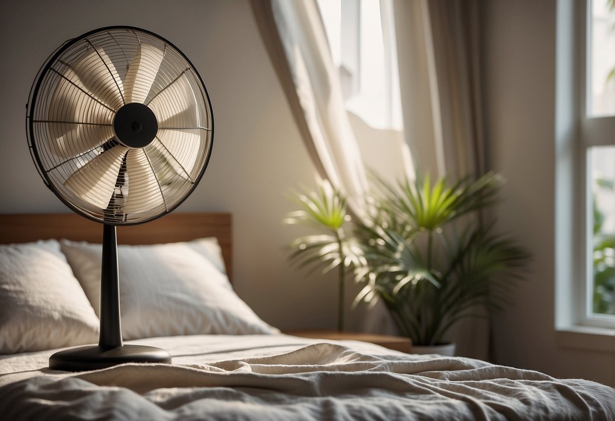 A peaceful bedroom with a gently whirring fan, casting a soft breeze over the room