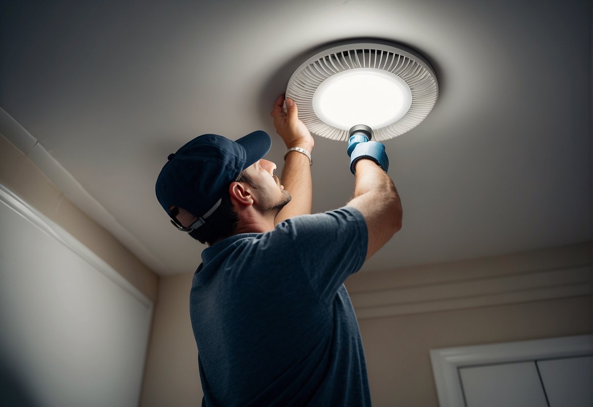 A person installs a bathroom fan without attic access, using essential tools and equipment