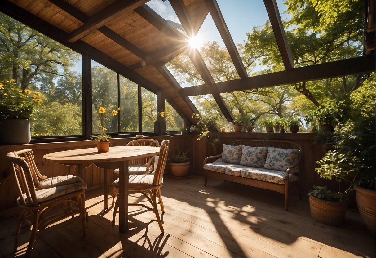 A sunny attic with open windows and a ceiling fan. Outside, trees are in full bloom, suggesting warm weather
