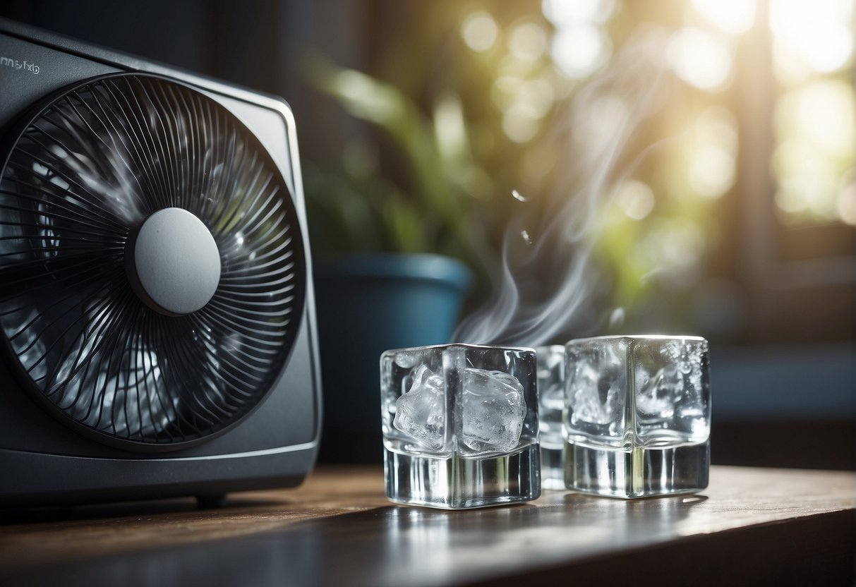 Ice cubes placed in front of a fan blowing air to cool a room