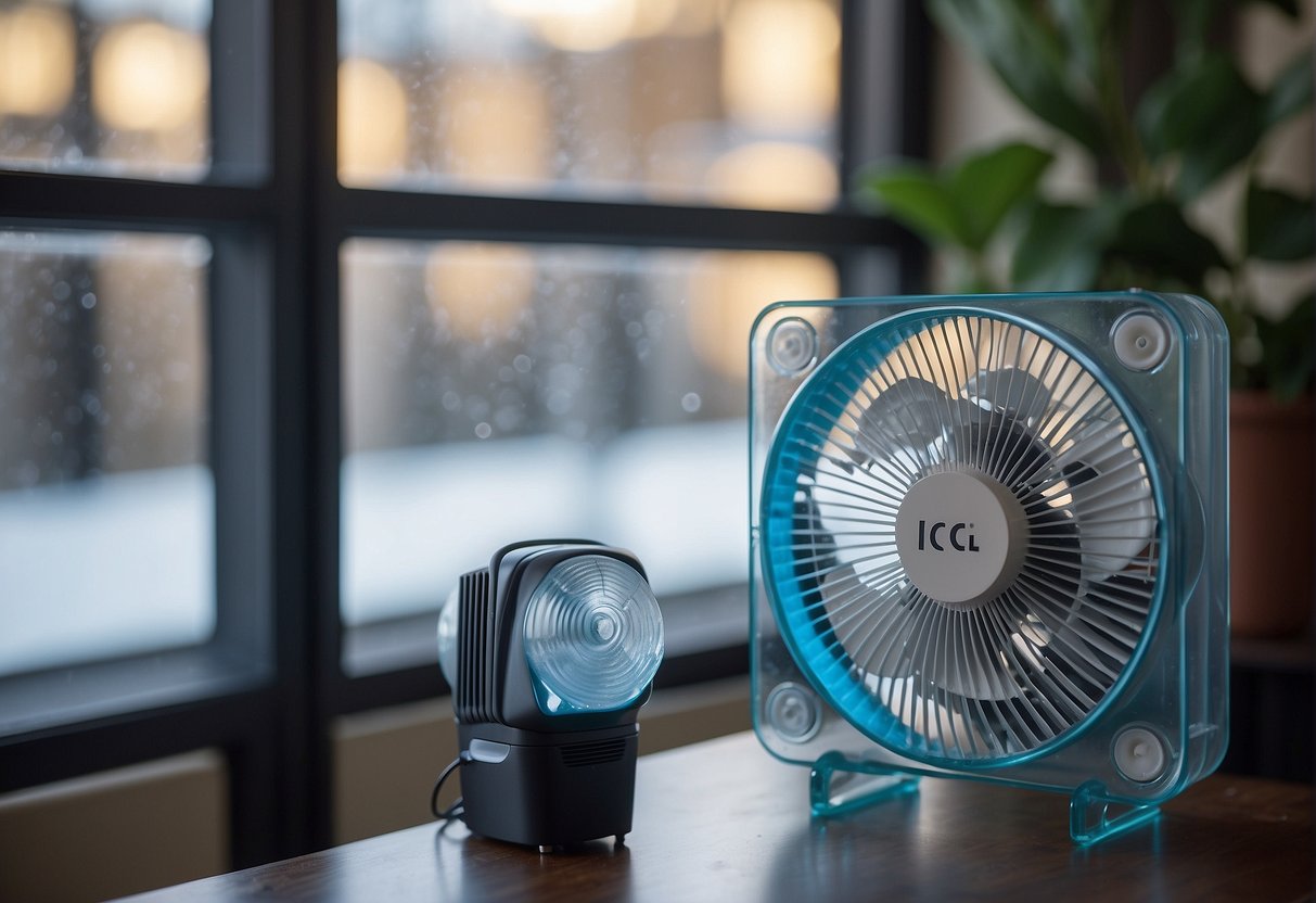 Ice blocks placed in front of a fan, creating a cool breeze. Windows open to let in fresh air