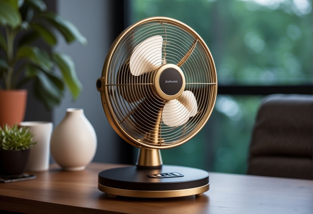 A traditional fan circulates air efficiently. It stands on a sturdy base, with adjustable speed settings and a tilting head for targeted airflow