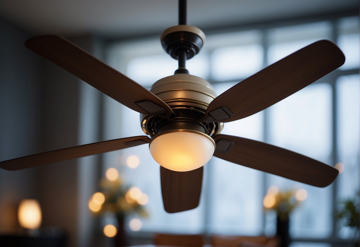 A room with a ceiling fan showing two arrows, one pointing clockwise for summer mode and the other pointing counterclockwise for winter mode
