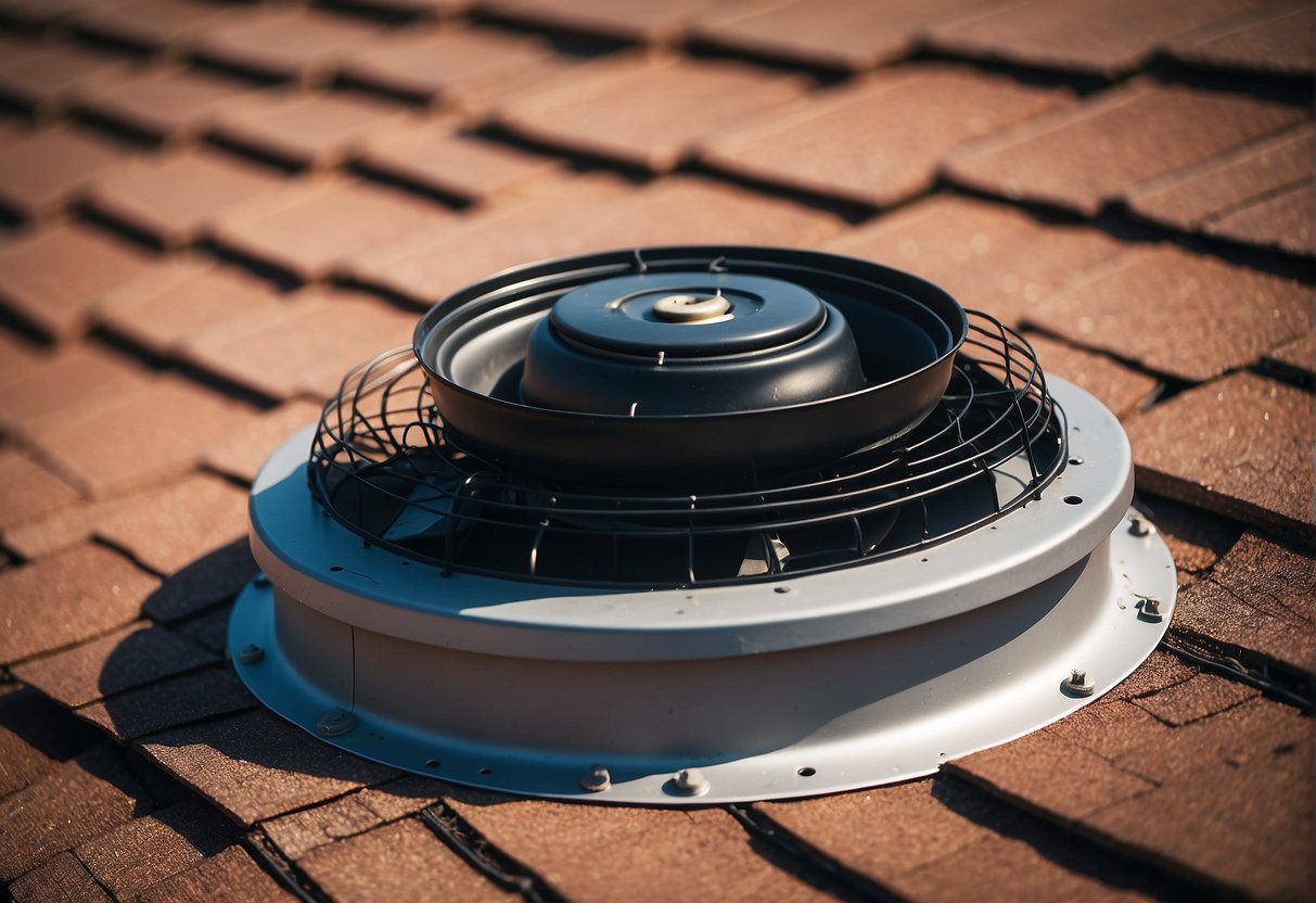 A roof with a newly installed attic fan, surrounded by shingles and vents. The fan is spinning, drawing hot air out of the attic