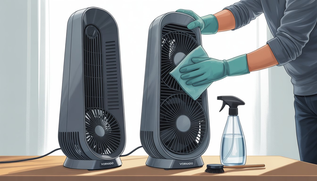 A person cleaning a Vornado tower fan by wiping the internal blades with a cloth, with cleaning tools nearby.